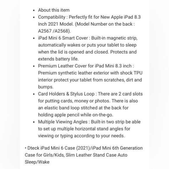 Dteck iPad Mini 6 Case (2021) 6th Generation Case Slim Leather Stand Case Auto - Picture 2 of 4